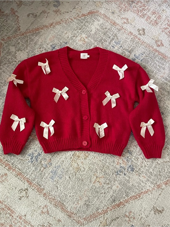Luna Ivy Sweaters - Coquette Dream: Red Knit Button-Up Cardigan with Ivory Bow Accents Size L